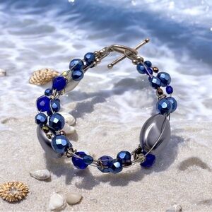 Beautiful Shades of Blue Beads and Sterling Silver Wire Bracelet